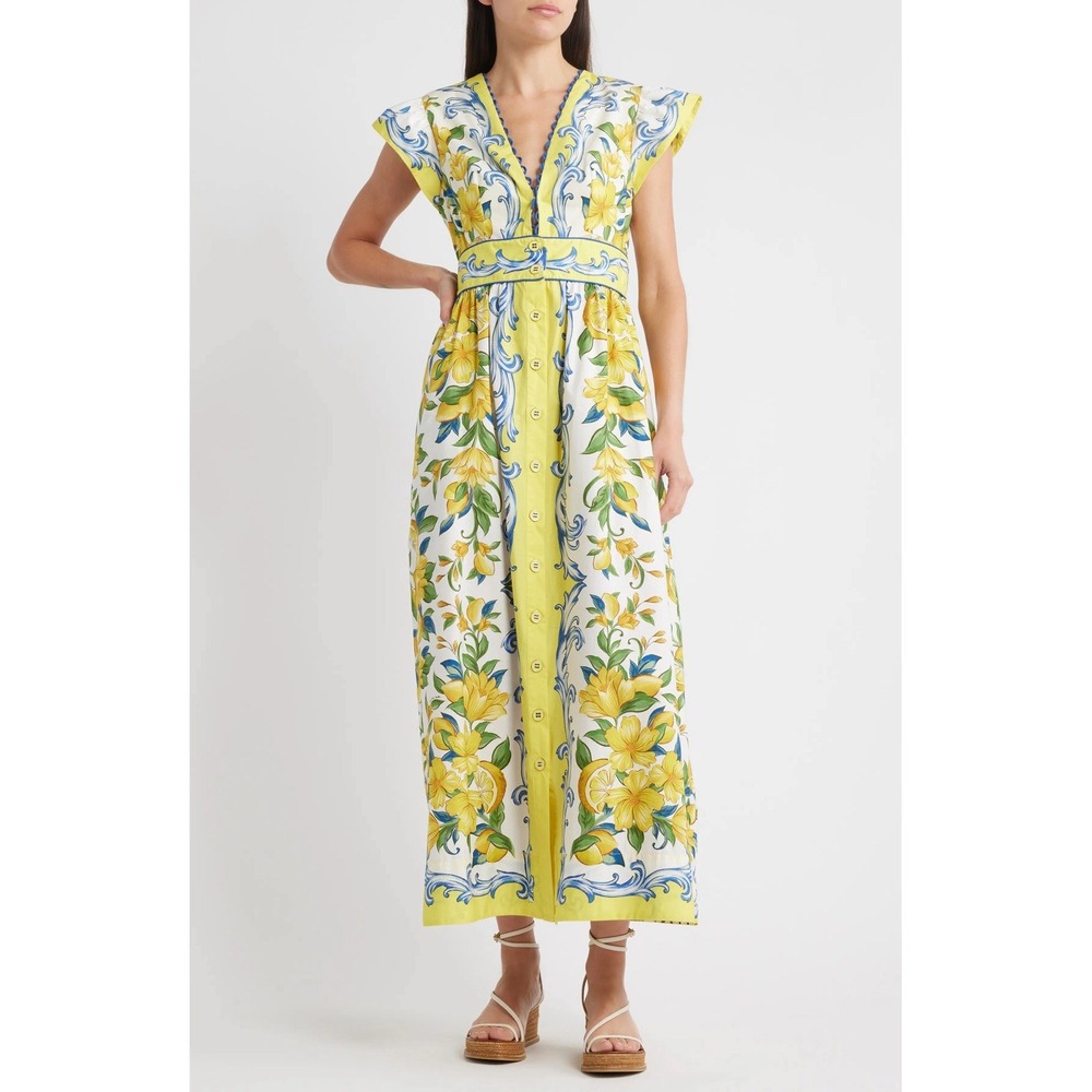 FARM Rio Sicily Scarf Print Cotton Maxi Dress Small Yellow Blue Resort Coastal